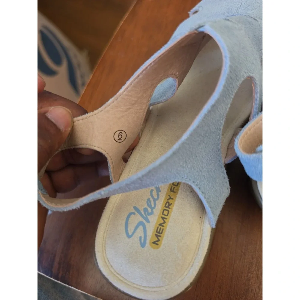 Skechers Memory Foam Womens Wedge Sandals Size 6 Light Blue Suede Slingback